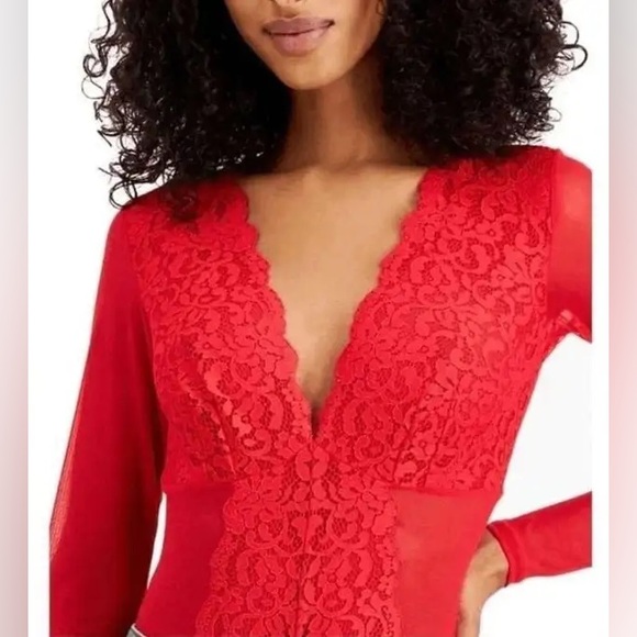 INC  International Concepts Red Sheer Long-Sleeve Lace Mesh Bodysuit - Red - Picture 3 of 7